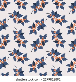 Seamless pattern with branches and holly berries. Flat style.