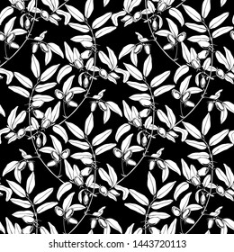 Seamless pattern with branches of honeysuckle on black background. 