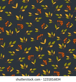 Seamless pattern with branches, leaves, berries on a dark background. Doodle illustration. Thanksgiving day, autumn holiday, baby shower, birthday, children's party