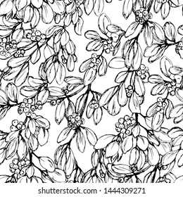 Seamless pattern with branches with leaves and berries in monochrome colors