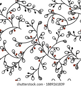 seamless pattern of branches with leaves and berries. Pattern or background for Valentine's Day.
