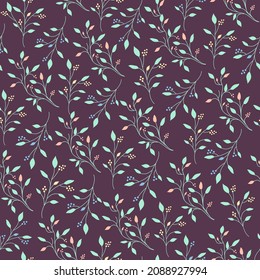 Seamless pattern of branches with leaves and berries on a burgundy background. Textile print for fabric