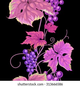 Seamless pattern with branches, leaves and berries of wild grapes on a black background. Vector. Designs for textiles, paper, fabrics, wallpaper.