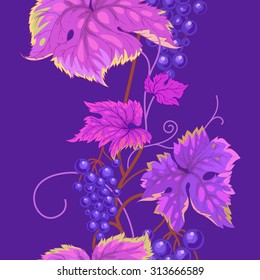 Seamless pattern with branches, leaves and berries of wild grapes. Vector. Designs for textiles, paper, fabrics, wallpaper.