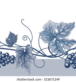 Seamless pattern with branches, leaves and berries of wild grapes. Vector. Designs for textiles, paper, fabrics, wallpaper. Black and white.