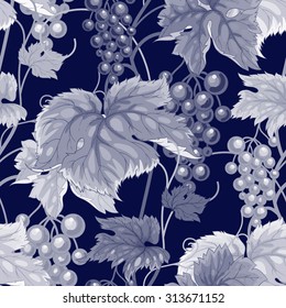 Seamless pattern with branches, leaves and berries of wild grapes. Vector. Designs for textiles, paper, fabrics, wallpaper. Black and white.