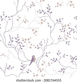 seamless pattern of branches and leaves with a bird on a branch