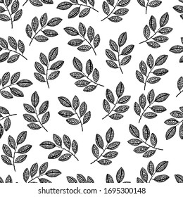 Seamless pattern with branches and leaves. Black and white vector wallpaper.