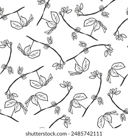 patrón inconsútil con ramas y hojas en dibujo de mano de línea azul repetir patrón inconsútil en diseño de fondo blanco para estampado de tela o Fondo de pantalla vintage o fondo retro