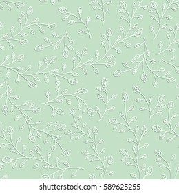 Seamless pattern. Branches with leaves and buds. Tender green. Vector illustration.