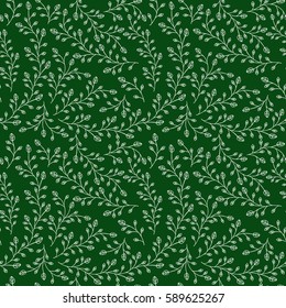 Seamless pattern. Branches with leaves and buds. White color on dark green background. Vector illustration.