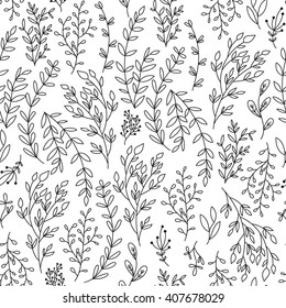 Seamless pattern with branches and leaves. Cute, hand-drawn monochrome background for your design.Vector illustration.