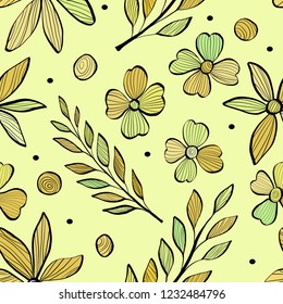 Seamless pattern with branches of leaves and flowers in the style of the sketch. Colorful illustration on yellow background.
