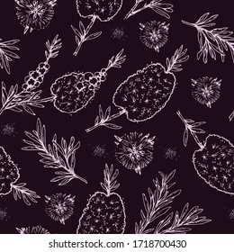 Seamless Pattern with branches with leaves and flowers of tea tree . Detailed hand-drawn sketches, vector botanical illustration.