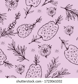 Patrón sin soldadura con ramas con hojas y flores de árbol de té . Dibujos detallados hechos a mano, ilustración botánica vectorial.