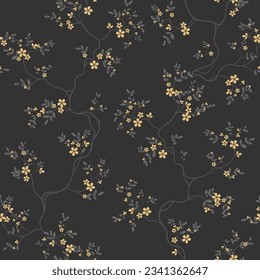 seamless pattern of branches of leaves and flowers on a black background