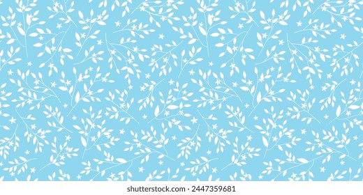 Seamless pattern with branches, leaves and flowers. Delicate spring abstract plant print. Vector graphics.
