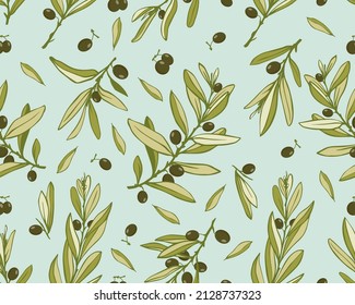 Patrón sin foco con ramas, hojas y frutos del olivo. Gráficos vectoriales.