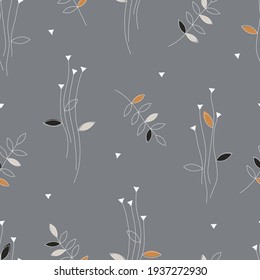 Seamless pattern. Branches and leaves. Grey background.