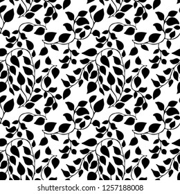 Seamless pattern with branches with leaves. Hand drawn vector black and white linear art. Floral botanic background with ornate.