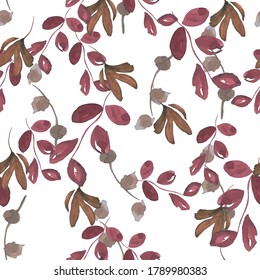 Seamless pattern of branches of leaves, hand painted with watercolor. The leaves are kept in earth tones, giving it a fall like feel. It would look beautiful on textile, wrapping paper or on a card. 