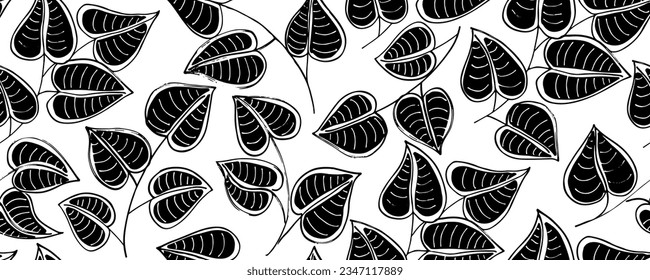 Ramas sin soldadura con hojas. Ornamento botánico de brocha negra dibujado a mano. Eucalipto vector dibujado a mano, ramitas laurel. Motivos florales de estilo cepillo seco. Impresión monocroma.