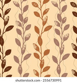 Seamless pattern with  branches and leaves. Hand drawn floral botanical design in soft brown colors. Modern print for textile, fabric, wallpaper, wrapping, scrapbook and packaging