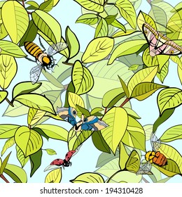 Seamless pattern of branches with leaves and insects