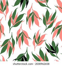 Seamless pattern branches with leaves isolated on white. Vector illustration. For card, textile, fabric, wallpaper, paper design