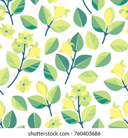 Seamless pattern with branches, leaves and lemon flowers. Spring background in a flat style. Vector illustration.