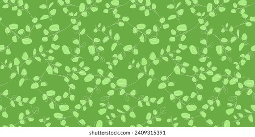 Seamless pattern with branches and leaves in linear style. Print with spring greenery. Vector graphics.