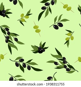 Patrón sin foco con ramas, hojas y frutas de oliva sobre un fondo verde claro. Gráficos vectoriales.