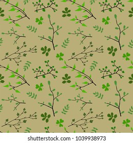 Seamless pattern with branches and leaves on a gray background