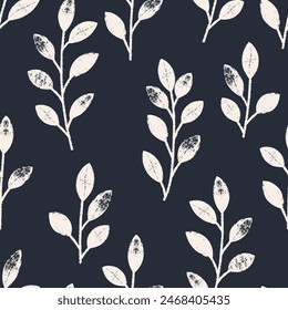 Seamless pattern with  branches and leaves on navy blue. Hand drawn floral botanical design. Modern print for textile, fabric, wallpaper, wrapping, scrapbook and packaging