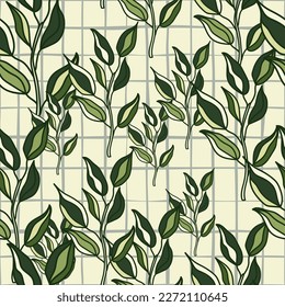 Ramas sin foco con hojas. Fondo orgánico. Papel de paredes interminables con hojas de bosque decorativas. Diseño para tela, impresión textil, envoltura, cubierta. Ilustración vectorial.