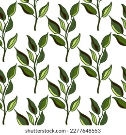 Ramas sin foco con hojas. Fondo orgánico. Papel de paredes interminables con hojas de bosque decorativas. Diseño para tela, impresión textil, envoltura, cubierta. Ilustración vectorial.