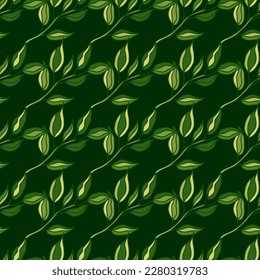 Ramas sin foco con hojas. Fondo orgánico. Papel de paredes interminables con hojas de bosque decorativas. Diseño para tela, impresión textil, envoltura, cubierta. Ilustración vectorial.