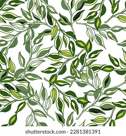 Ramas sin foco con hojas. Fondo orgánico. Papel de paredes interminables con hojas de bosque decorativas. Diseño para tela, impresión textil, envoltura, cubierta. Ilustración vectorial.