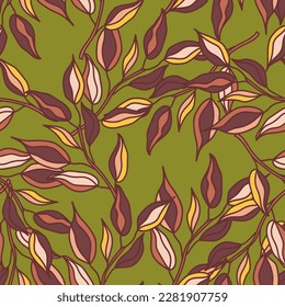 Nahtlose Muster Äste mit Blättern. Organischer Hintergrund. Dekorative Waldblätter endlose Tapeten. Design für Stoff, Stoffdruck, Umhüllung, Abdeckung. Vektorgrafik.