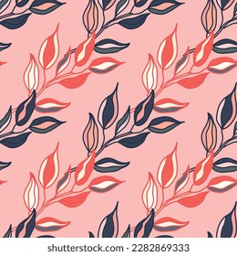 Seamless pattern branches with leaves. Organic background. Decorative forest leaf endless wallpaper. Design for fabric, textile print, wrapping, cover. Vector illustration.