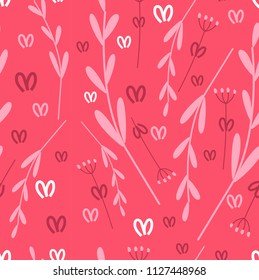 Seamless pattern of branches and leaves of plants. Botanical illustration with pink background. Design for fabric, for Wallpaper, textiles, books, printing, magazine