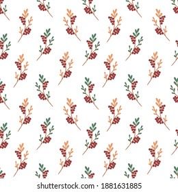 Seamless pattern. Branches, leaves, red berries. It can be used for wrapping, fabric design, clothing, notebooks, greeting cards