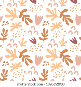 Seamless pattern with branches  of  leaves, shapes, flowers isolated on white background. Silhouette vector illustration. Design for  textile, wrapping, backdrop, banner 