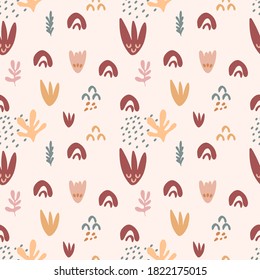 Patrón sin foco con ramas de hojas, formas, flores aisladas en un fondo beige. Ilustración vectorial de silueta. Diseño para textil, envoltura, fondo, banner 