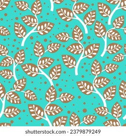 Seamless pattern of branches with leaves. Vector illustration on a turquoise background.