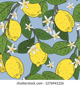 Seamless pattern of branches with lemons, green leaves and flowers on blue. Citrus fruits background. Vector illustration.