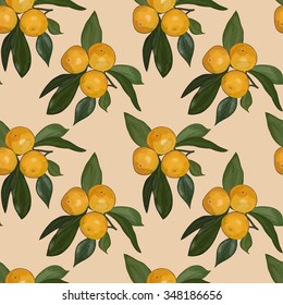 Seamless pattern of the branches with mandarins on a beige background. Eps 10.