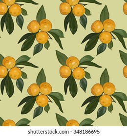 Seamless pattern of the branches with mandarins on a light green background. Eps 10.