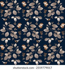 Seamless pattern with branches, oak acorns, mushrooms and berries on dark blue background. Vector illustration.