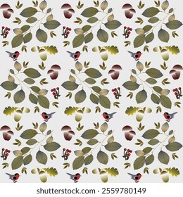 Seamless pattern with branches, oak acorns, mushrooms and berries on gray background. Vector illustration.